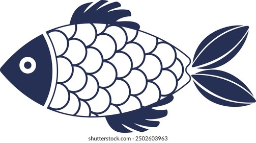 Decorative fish illustration with simple patterns. Abstract decorated dark blue fish icon. Stylized, decorative underwater creatures designs. Dark blue geometric fish isolated.