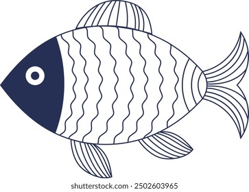 Ilustración de peces decorativos con patrones simples. Icono de pescado azul oscuro decorado Abstractas. Diseños de criaturas submarinas estilizadas y decorativas. Pez geométrico azul oscuro aislado.