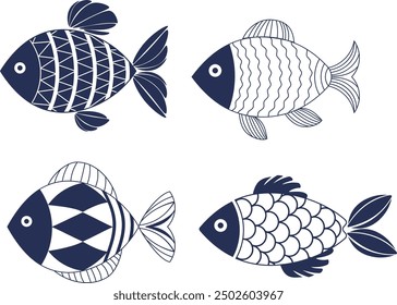 Decorative fish illustration with simple patterns. Abstract decorated dark blue fish icon. Stylized, decorative underwater creatures designs. Dark blue geometric fish isolated.