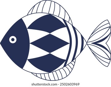 Ilustración de peces decorativos con patrones simples. Icono de pescado azul oscuro decorado Abstractas. Diseños de criaturas submarinas estilizadas y decorativas. Pez geométrico azul oscuro aislado.