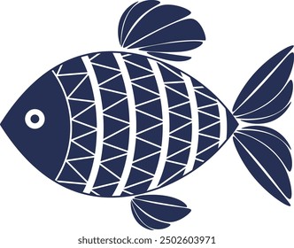 Decorative fish illustration with simple patterns. Abstract decorated dark blue fish icon. Stylized, decorative underwater creatures designs. Dark blue geometric fish isolated.