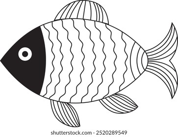 Decorative fish illustration with simple patterns. Abstract decorated black and white fish icon. Stylized, decorative underwater creatures designs. Black geometric fish isolated.