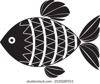 Decorative fish illustration with simple patterns. Abstract decorated black and white fish icon. Stylized, decorative underwater creatures designs. Black geometric fish isolated.