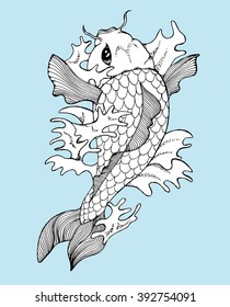 Decorative fish. Line art. Fish and lily. Black and white drawing by hand. Tattoo.Sea creatures. Mascara. Stylized.  Background. Carp. Sea bottom. Whale.