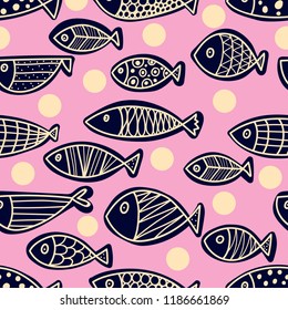 Decorative fish on a mint background with polka dots. Seamless pattern can be used for wallpaper, pattern fills, web page background, surface textures.