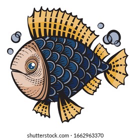 decorative fish painted with patterns for logo, label, packaging, tattoo, isolated object on a white background,