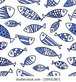 Decorative fish. Seamless pattern with cute ornamental fish. Sea background.