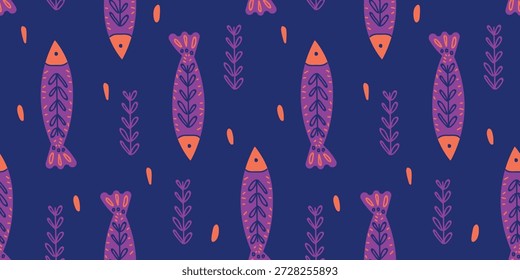 Padrão decorativo sem emenda do peixe com plantas do mar no fundo azul escuro, textura estilizada do vetor marinho para o design têxtil moderno