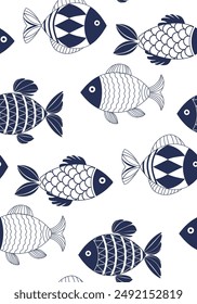 Decorative fishes illustration with simple patterns. Seamless pattern with abstract blue fishes. Stylized, decorative underwater creatures designs. Dark blue geometric fishes seamless pattern.