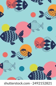 Ilustración decorativa de peces con patrones simples. Patrón sin fisuras con peces azules abstractos. Diseños estilizados y decorativos de criaturas submarinas. Patrón sin fisuras de peces geométricos azul oscuro.