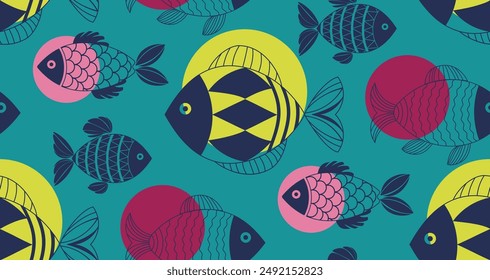 Decorative fishes illustration with simple patterns. Seamless pattern with abstract blue fishes. Stylized, decorative underwater creatures designs. Dark blue geometric fishes seamless pattern.