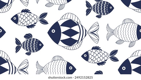 Decorative fishes illustration with simple patterns. Seamless pattern with abstract blue fishes. Stylized, decorative underwater creatures designs. Dark blue geometric fishes seamless pattern.