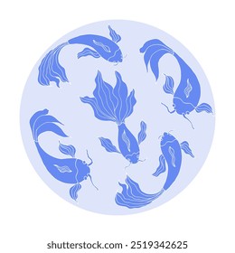 Decorative fishes on blue background. Hand-drawn fishes koi. Vector illustration. Doodle style.