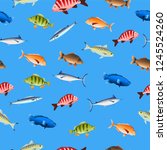 Decorative fishes on colored background seamless pattern