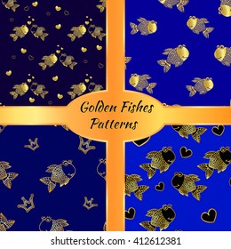 Decorative fishes pattern seamless in vector. Cute seamless patterns vector set with golden fishes.