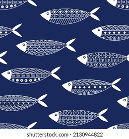 Decorative Fishes with traditional Mexican Indians Ethnic Ornament Seamless Pattern. Aztec, Mayan, Inca, Ancient tribal style texture. Sea Animal. Outline Hand drawn Marine Life vector background