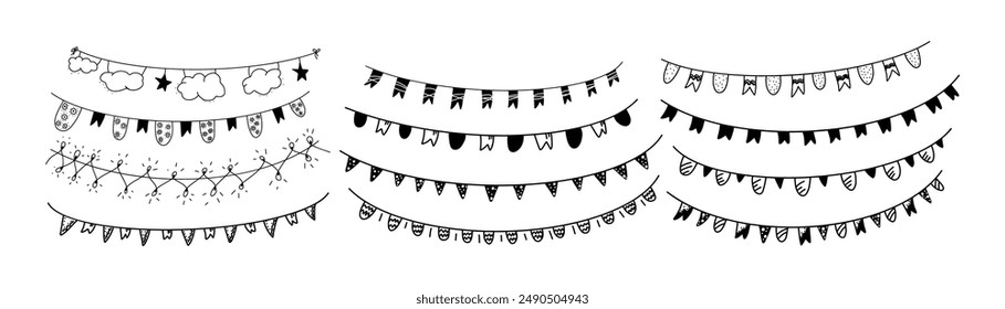 Decorative flag garland sketch icons bundle on white background. Flag garlands demonstrating celebratory charm and decorative elements