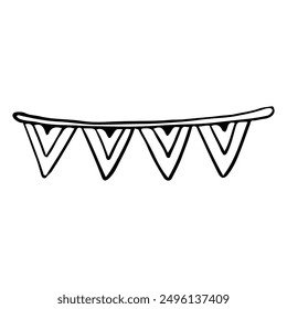 Decorative flags hand drawn in doodle style. Garland hanging decoration. Vector line art illustration.