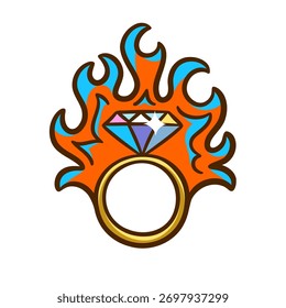Decorative flame and diamond ring symbol. Engagement marriage proposal design concept. Hand drawn tattoo vector illustration.