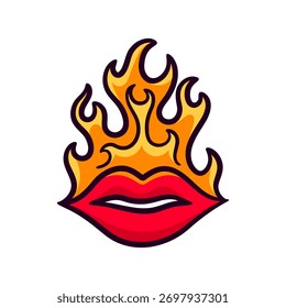 Chama decorativa e símbolo de lábios vermelhos. Ilustração de vetor de tatuagem desenhada à mão.
