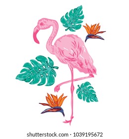 Decorative flamingo bird, design element. Can be used for cards, invitations, banners, posters, print design, wallpapers, fabric, textile. Exotic, tropical background