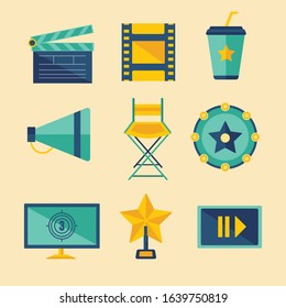 Decorative flat cinema icons set with film festival symbols and collection