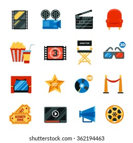 Decorative flat cinema  icons set with film festival symbols and collection of director chair 3d glasses popkorn cd disk free tickets isolated vector illustration