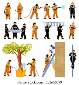  Decorative flat color icons set of firefighter people extinguishing fire with firehose and saving children vector illustration  