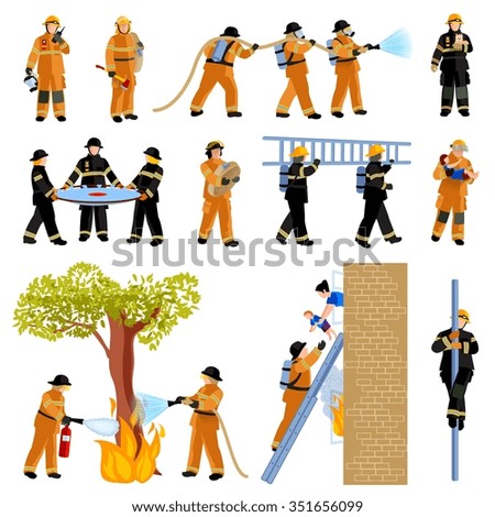  Decorative flat color icons set of firefighter people extinguishing fire with firehose and saving children vector illustration  