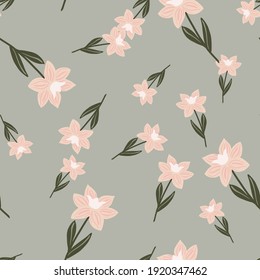 Decorative flat flora seamless pattern with random pink simple flower silhouettes print. Grey background. Flat vector print for textile, fabric, giftwrap, wallpapers. Endless illustration.