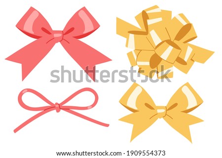 Decorative flat golden and red bow isolated on white background.  New year and  holiday decoration set. Vector flat stock illustration.