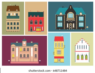 Decorative flat image of colored houses and buildings for postcards and posters