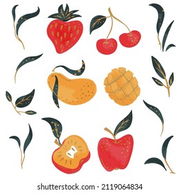 Conjunto de frutos decorativos y planos con colección separada de texturas. sandía, clementina anaranjada, piña, baya roja y uva con variación de hojas esmeraldas aisladas vector sobre fondo blanco