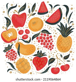 Conjunto de frutos decorativos y planos con colección separada de texturas. sandía, clementina, piña, fresa de uva de baya, con hojas aisladas vector sobre fondo blanco
