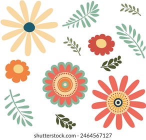 Decorative flat simple flowers, retro pattern design.