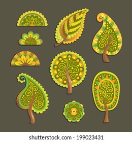 Decorative flat style vector trees floral set