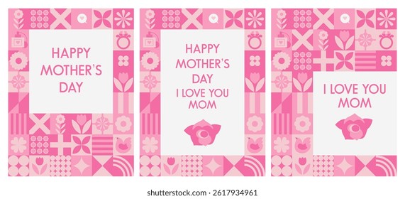 Decorative flat vector illustration in pink tones for Mothers Day. Includes florals, hearts, tulips, and soft geometric shapes arranged in a cheerful pattern frame.