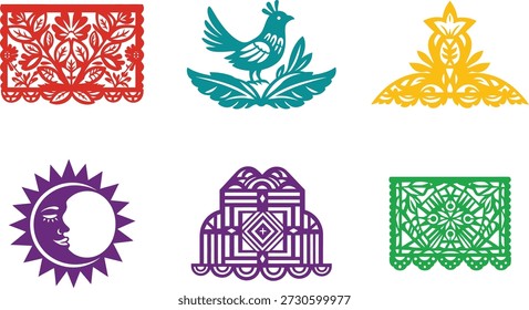 Dekoratives flaches Vektorgrafik-Set mit traditionellen Volkskunst-Ornamenten, inspiriert von Papel-Picado-Designs. Umfasst Blumenmuster, Vögel, Sonnen- und Mondsymbole sowie symmetrische Zierelemente. Fette bunte Silhouetten mit aufwändigen Ausschnitten, einzeln auf weißem Hintergrund. Ideal für festliche Designs, kulturelle Feiern, Einladungen, Branding, Plakate, Verpackungen, Textilien, Handwerksprojekte und dekorative Layouts.