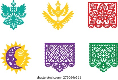 Dekoratives flaches Vektorgrafik-Set mit traditionellen Volkskunst-Ornamenten, inspiriert von Papel-Picado-Designs. Umfasst Blumenmuster, Vögel, Sonnen- und Mondsymbole sowie symmetrische Zierelemente.