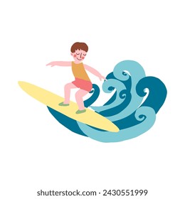 Decorative flat vector surfer isolated on white, cute little boy on surfboat, Young Man conquers blue wave, Surfer Character Raging Wave, Summer Extreme Water Sport minimalizm design for advertising