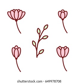 Decorative flat vintage rose and bud icon set in pastel, tender colors. Vector blooming flowers for stickers, labels, tags, gift design. Adornment for wedding invitations and greeting cards decoration