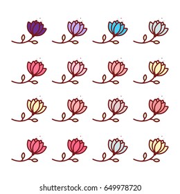 Decorative flat vintage rose and bud icon set in pastel, tender colors. Vector blooming flowers for stickers, labels, tags, gift design. Adornment for wedding invitations and greeting cards decoration