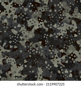 Fondo decorativo del patrón de camuflaje flecktarn. Estilo clásico de ropa enmascarando la impresión repetida de camo. Textura de color media tonificante de olivo oscuro. Ilustración vectorial.