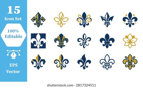 Decorative fleur de lis heraldic icon set for creative projects with heraldic