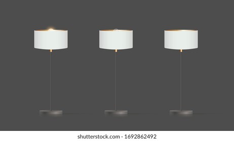 Decorative floor lamp. Original model with a white silk lampshade and a metal leg. For living room, bedroom, study and office. Vector illustration on a gray background.