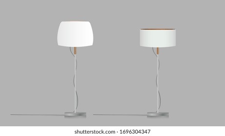 Lámpara decorativa del suelo. Modelo original con una lámpara de seda blanca y una pierna de metal. Para salón, dormitorio, estudio y oficina. Ilustración vectorial en un fondo gris.