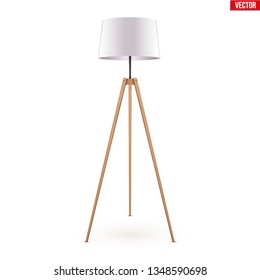 Decorative Floor Lamp Tripod Original Sample Model with White Silk Shade and solid wood legs. For Loft, Living Room, Bedroom, Study Room and Office. Vector Illustration isolated on white background.