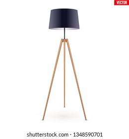 Decorative Floor Lamp Tripod Original Sample Model with Black Silk Shade and solid wood legs. For Loft, Living Room, Bedroom, Study Room and Office. Vector Illustration isolated on white background.