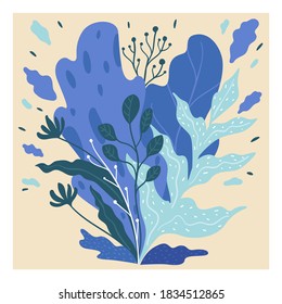 Decorative flora, blue leaves and blooming flowers. Seasonal blossom of exotic plant, ornamental botany and decor. Tropical shrubs and bushes, lush shrubbery, twigs of trees, vector in flat style