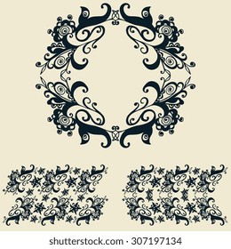 Decorative floral and abstract elements in the pattern of the black color on a beige background